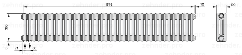 Схема (чертеж) Радиатор Zehnder Charleston 3030/38 №3370 Белый глянцевый RAL 9016